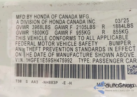 2025 Honda Civic Si Base W/High Performance Summer Tires/ from USA, damaged, VIN 2HGFE1E59SH475992
